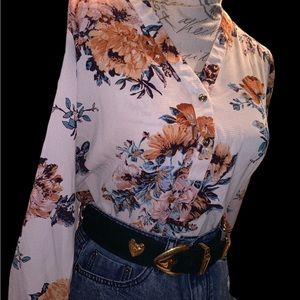 Rue21 Floral Cream Blouse with Elastic Tie Waist with Orange and Pink Flowers